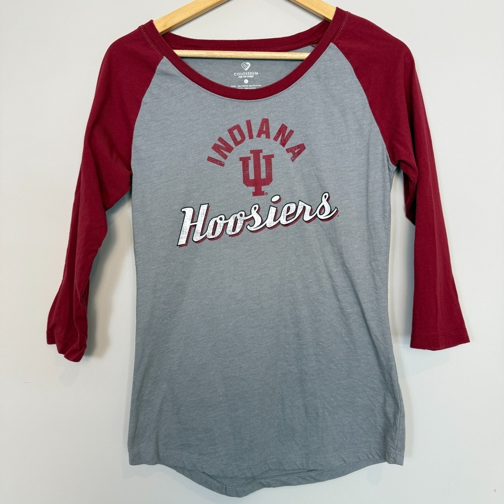 Indiana University IU Hoosiers Raglan T Shirt‎ Womens L Gray Crimson 3/4 Sleeves